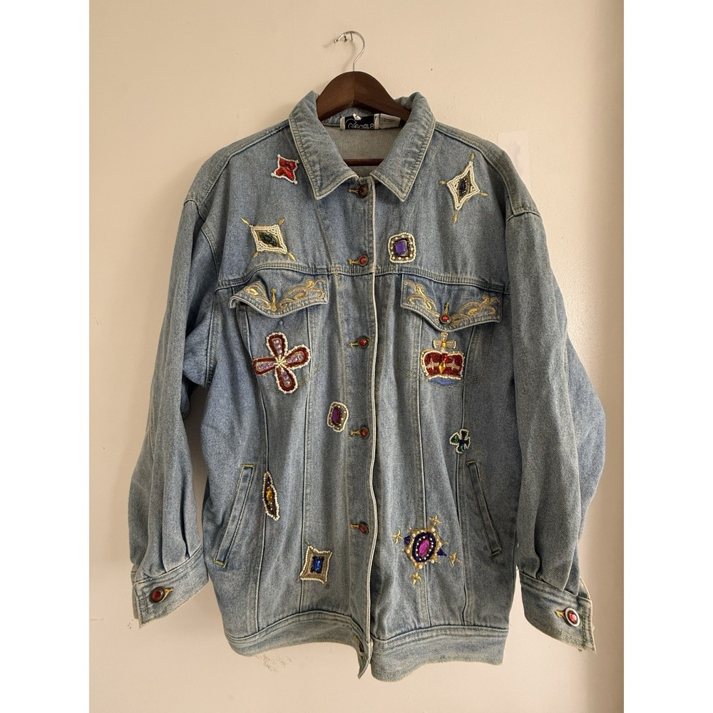 Cedars Denim Jacket Womens L Jeweled Beaded Embroidered Crown Oversized Vintage